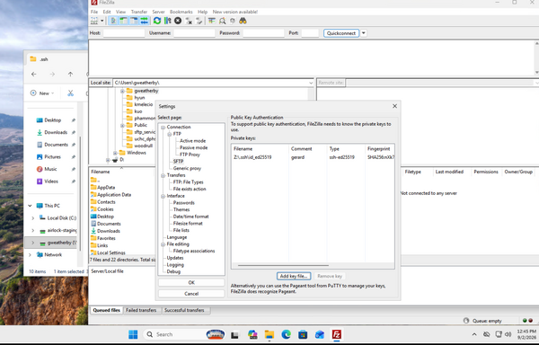 SFTP dialog with Add key file...